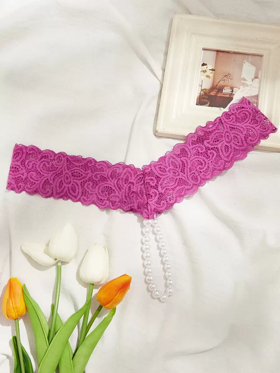 人造珍珠裝飾花卉蕾絲內褲 - 中紫紅色 - 查看 1