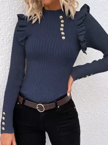 EMERY ROSE Áo len dệt kim dài tay, có chi tiết cúc và viền bèo nhún, thích hợp mặc mùa thu đông. - Màu xanh hải quân - Xem 5