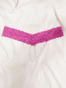 人造珍珠裝飾花卉蕾絲內褲 - 中紫紅色 - 查看 2