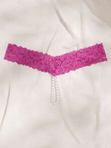 人造珍珠裝飾花卉蕾絲內褲 - 中紫紅色 - 查看 4