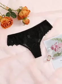 SHEIN Floral Lace Panty, Sexy Lingerie - Black - View 2