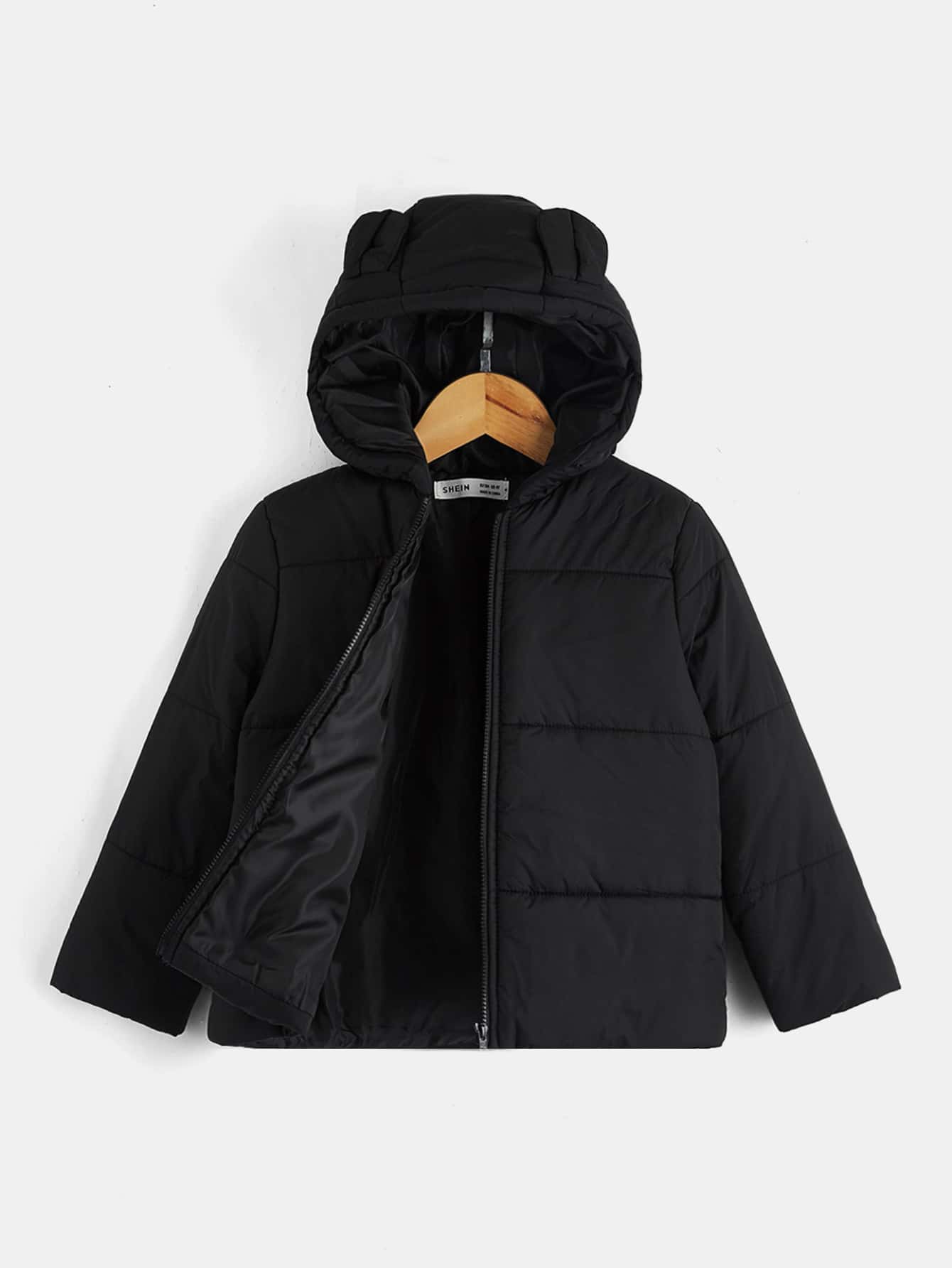 SHEIN Áo khoác trùm đầu có khóa kéo thiết kế tai 3D cho bé trai - màu đen - Xem 1