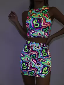 SHEIN ICON 全身心印花反光短款背心上衣和裙子套裝（不含腰帶），霓虹發光派對裝 - 彩色 - 查看 3