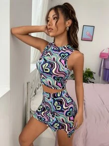 SHEIN ICON 全身心印花反光短款背心上衣和裙子套裝（不含腰帶），霓虹發光派對裝 - 彩色 - 查看 6