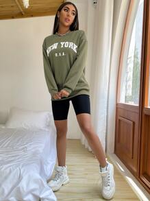 SHEIN Unity Drop Shoulder Letter Graphic Pullover,Long Sleeve Tops  Fall Outfit - Army Green - View 3
