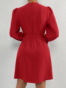 SHEIN Privé Solid Mock Neck Flounce Sleeve Belted Dress - Red - View 2