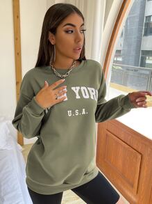 SHEIN Unity Drop Shoulder Letter Graphic Pullover,Long Sleeve Tops  Fall Outfit - Army Green - View 6