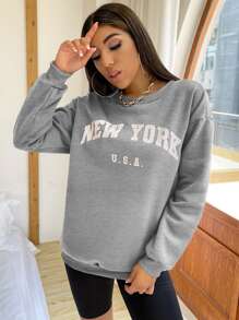 SHEIN Unity Drop Shoulder Letter Graphic Pullover,Long Sleeve Tops Fall - Grey - View 4