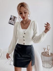 SHEIN Frenchy Button Front Bishop Sleeve Cardigan - White - View 3