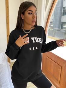 Flirla Drop Shoulder Letter Graphic Pullover,Long Sleeve Tops Graduation,Back To School Outfits,Graduation,Teacher Outfits For Women,Back To School  Fall Outfit - Black - View 4