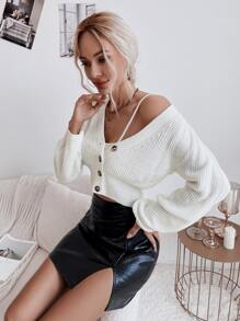 SHEIN Frenchy Button Front Bishop Sleeve Cardigan - White - View 5