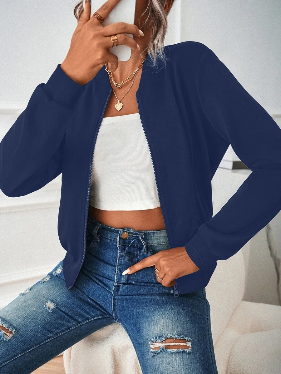 SHEIN LUNE Slant Pockets Zip Up Bomber Jacket - Navy Blue - View 1