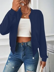 SHEIN LUNE Slant Pockets Zip Up Bomber Jacket - Navy Blue - View 3