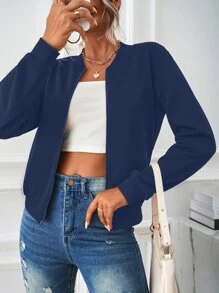 SHEIN LUNE Slant Pockets Zip Up Bomber Jacket - Navy Blue - View 4