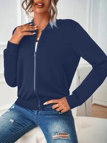 SHEIN LUNE Slant Pockets Zip Up Bomber Jacket - Navy Blue - View 5