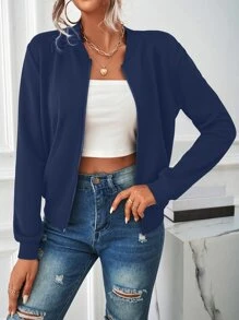 SHEIN LUNE Slant Pockets Zip Up Bomber Jacket - Navy Blue - View 6