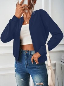 SHEIN LUNE Slant Pockets Zip Up Bomber Jacket - Navy Blue - View 7