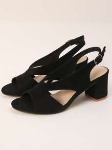 Women Faux Suede Chunky Heeled Slingback Sandals, Elegant Summer Heeled Sandals - Black - View 3