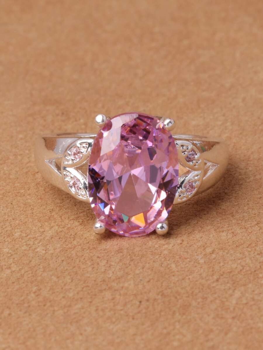 1个椭圆形粉色人造玻璃戒指 - 粉色 - 查看 1