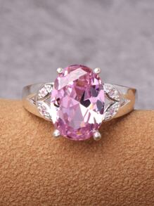 1个椭圆形粉色人造玻璃戒指 - 粉色 - 查看 3