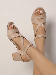 Women Beige Chunky Heeled Sandals, Elegant Open Toe Ankle Strap Sandals