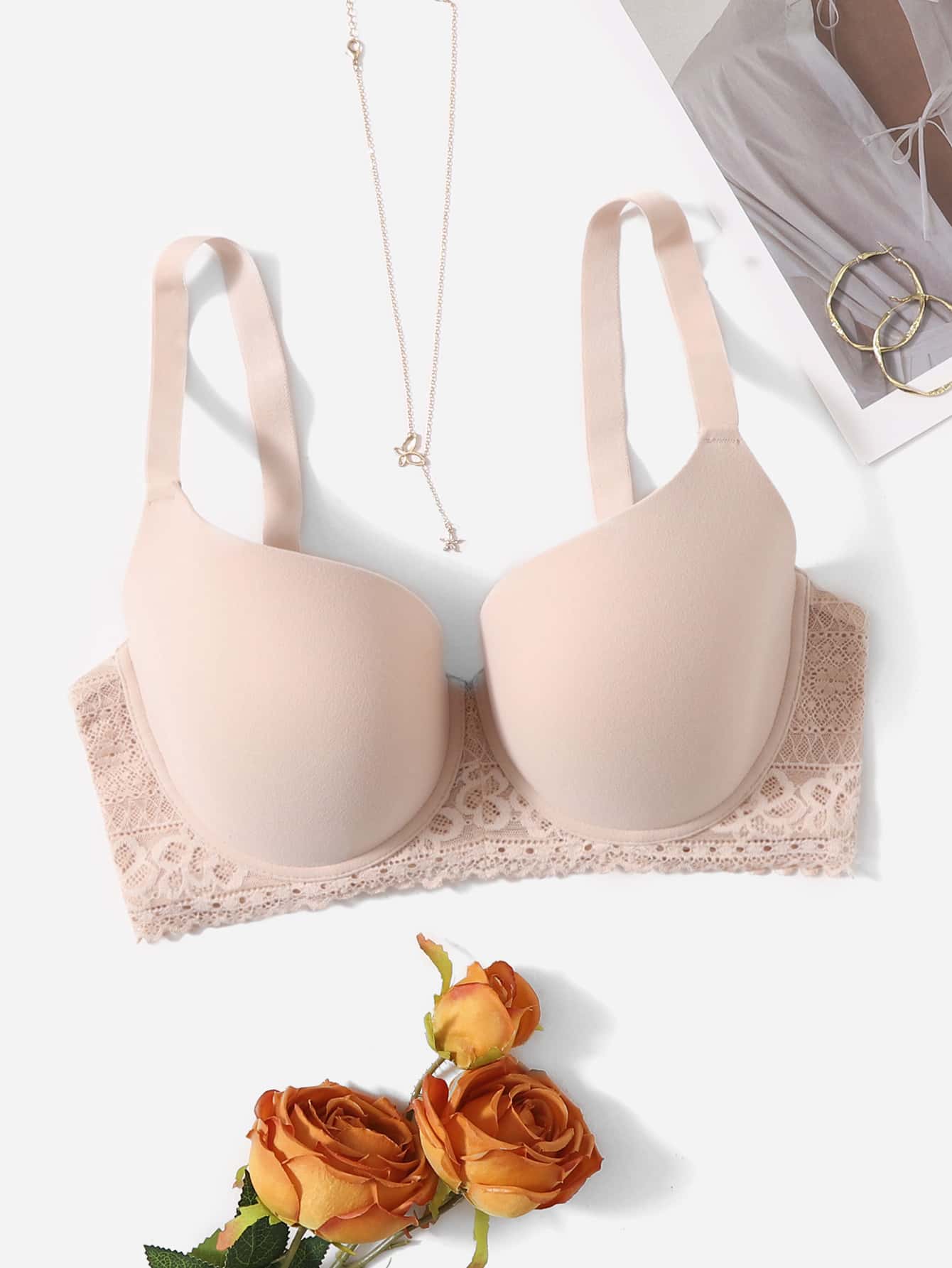 Áo Ngực & Áo Ngực Không Dây Kích Thước Lớn Tương phản ren màu trơn Lãng mạn - Màu be - Xem 1