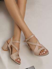 Women Beige Chunky Heeled Sandals, Elegant Open Toe Ankle Strap Sandals