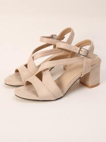 Women Beige Chunky Heeled Sandals, Elegant Open Toe Ankle Strap Sandals