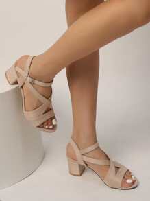 Women Beige Chunky Heeled Sandals, Elegant Open Toe Ankle Strap Sandals