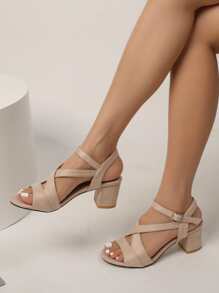 Women Beige Chunky Heeled Sandals, Elegant Open Toe Ankle Strap Sandals