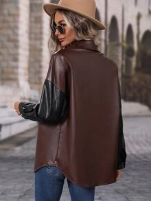 撞色落肩袖翻蓋口袋PU皮革外套 - 彩色 - 查看 2