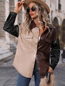 撞色落肩袖翻蓋口袋PU皮革外套 - 彩色 - 查看 4