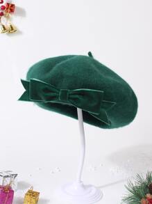 Wool-Mix Bow Decor Beret - Dark Green - View 1
