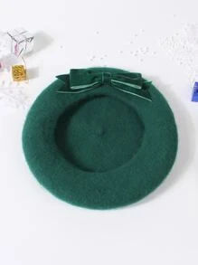 Wool-Mix Bow Decor Beret - Dark Green - View 2