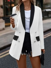 SHEIN Clasi Contrast Panel Shawl Collar Double Breasted Blazer - White - View 5