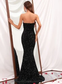 Đầm Lộ Lưng Pha lê kim cương Cắt ra màu trơn Buổi tiệc - màu đen - Xem 2