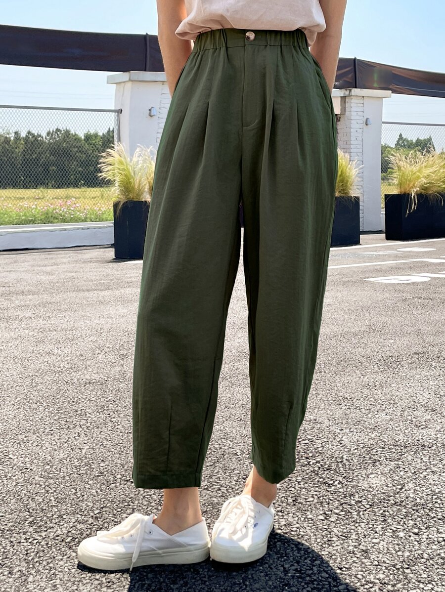 DAZY Plicated Detail Cropped Tapered Pants,Teacher Pants Fall - Army Green - View 1