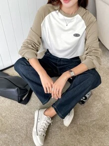 DAZY 字母拼色插肩袖 T 恤，秋季服装长袖女式上衣 - 卡其色 - 查看 2