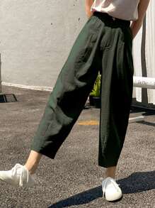 DAZY Plicated Detail Cropped Tapered Pants,Teacher Pants Fall - Army Green - View 3