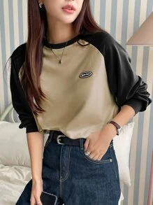 DAZY Letter Patched Colorblock Raglan Sleeve Tee - Mocha Brown - View 1