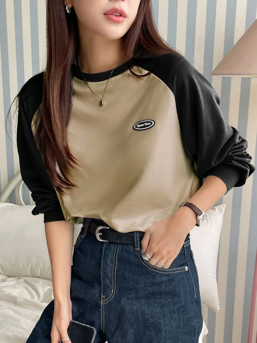 DAZY Letter Patched Colorblock Raglan Sleeve Tee - Mocha Brown - View 1