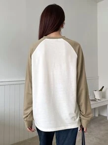 DAZY 字母拼色插肩袖 T 恤，秋季服装长袖女式上衣 - 卡其色 - 查看 5