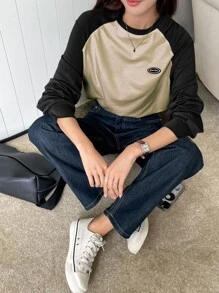 DAZY Letter Patched Colorblock Raglan Sleeve Tee - Mocha Brown - View 2