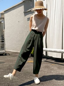 DAZY Plicated Detail Cropped Tapered Pants,Teacher Pants Fall - Army Green - View 5