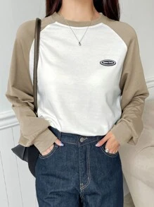 DAZY 字母拼色插肩袖 T 恤，秋季服装长袖女式上衣 - 卡其色 - 查看 6