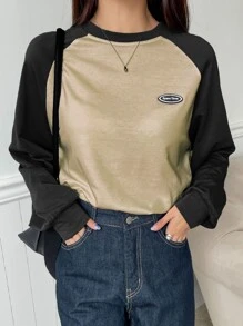 DAZY Letter Patched Colorblock Raglan Sleeve Tee - Mocha Brown - View 6