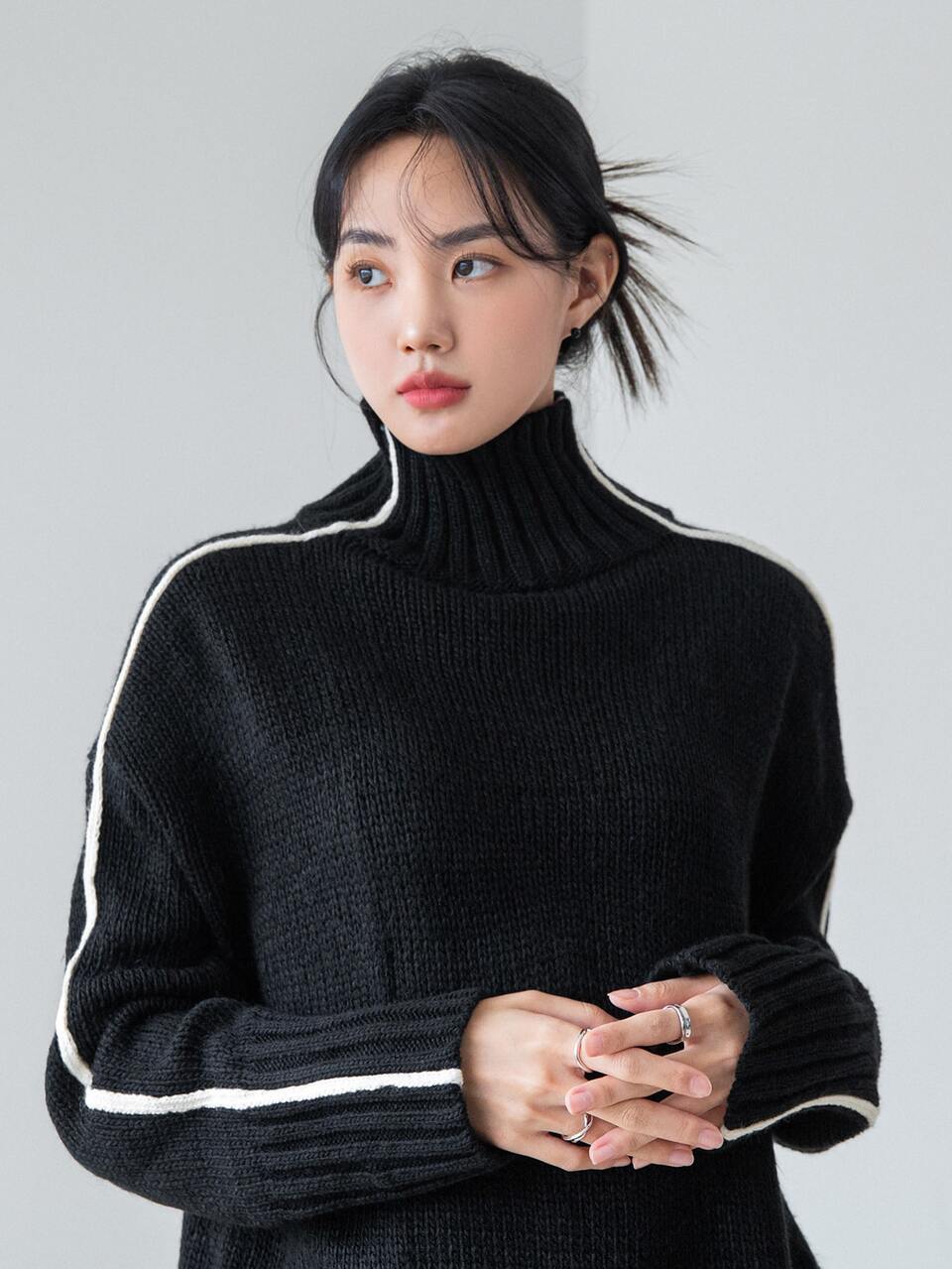 Contrast Seam High Neck Drop Shoulder Sweater