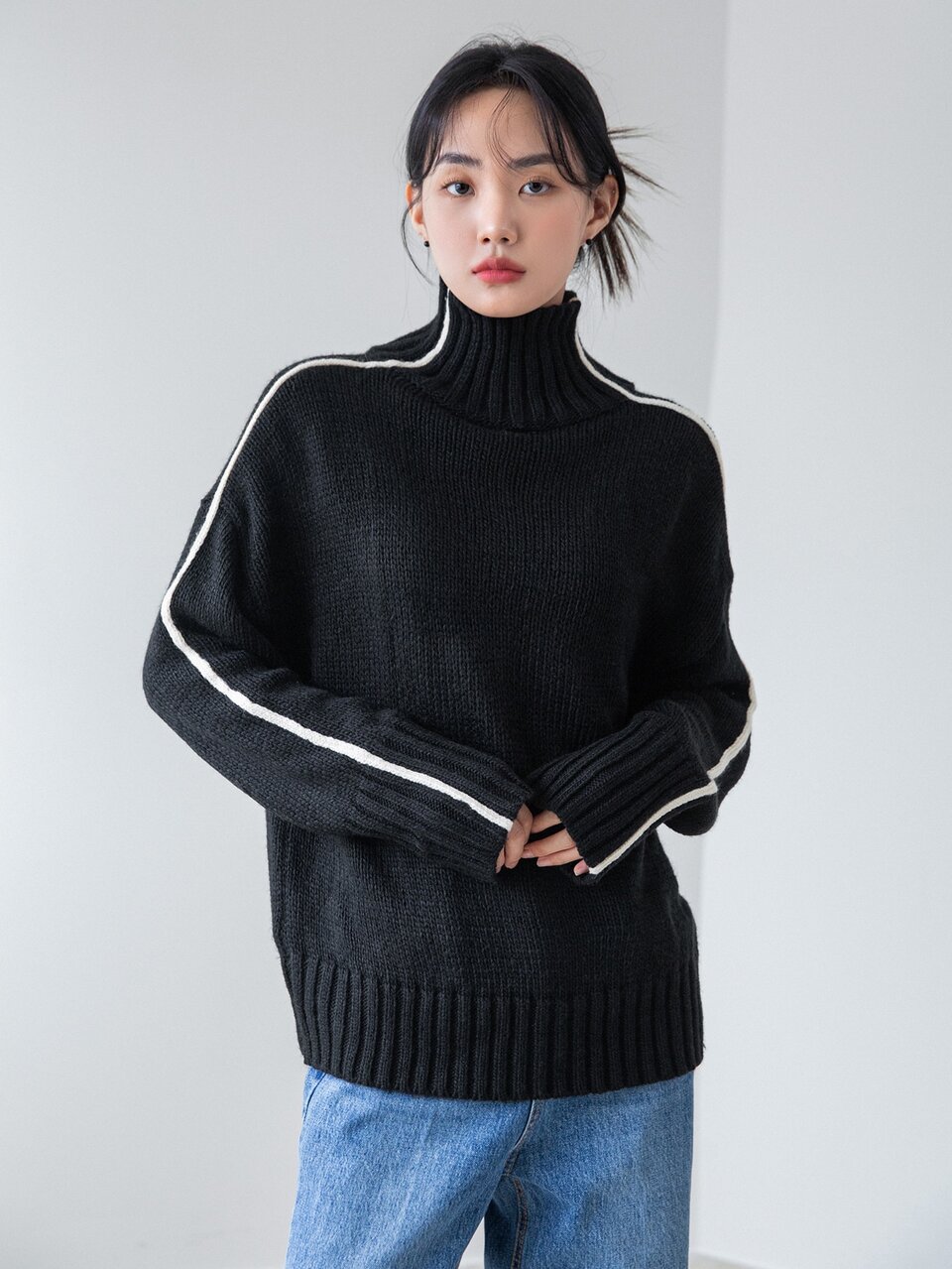 Contrast Seam High Neck Drop Shoulder Sweater