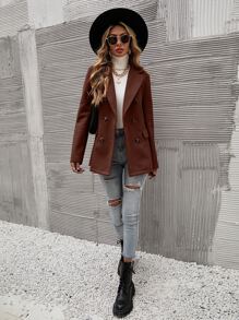 SHEIN LUNE Solid Double Breasted Blazer - Coffee Brown - View 4