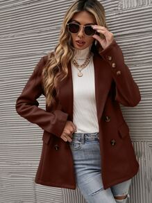 SHEIN LUNE Solid Double Breasted Blazer - Coffee Brown - View 5